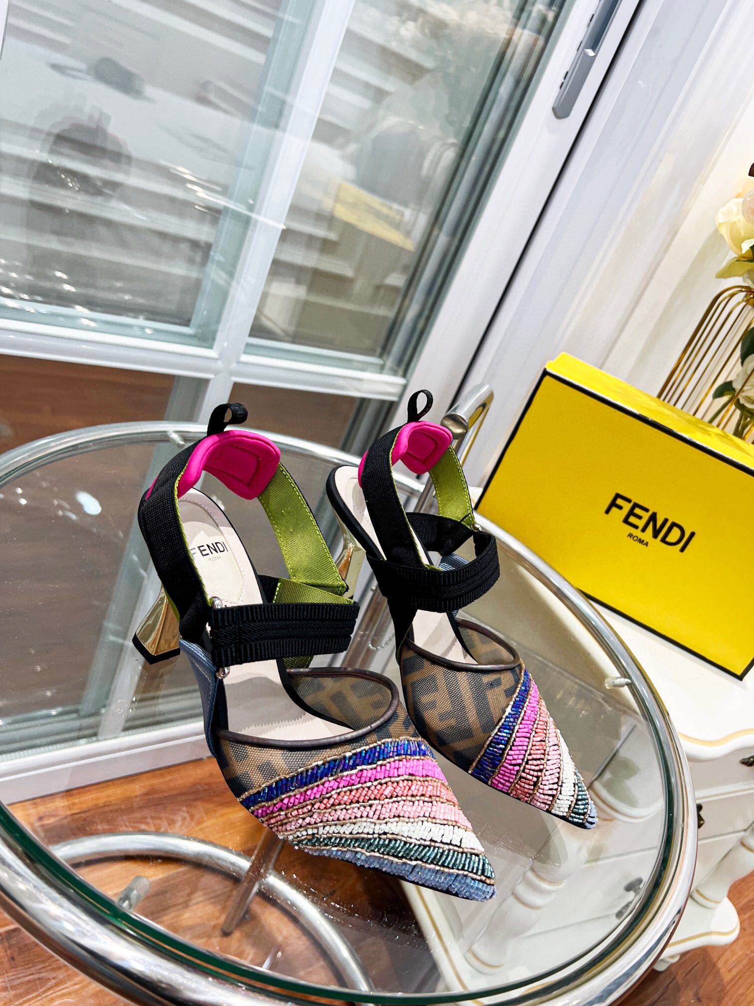 Fendi Colibri 85Mm Beaded Slingback Pumps Rainbow 8J8143Ai1E