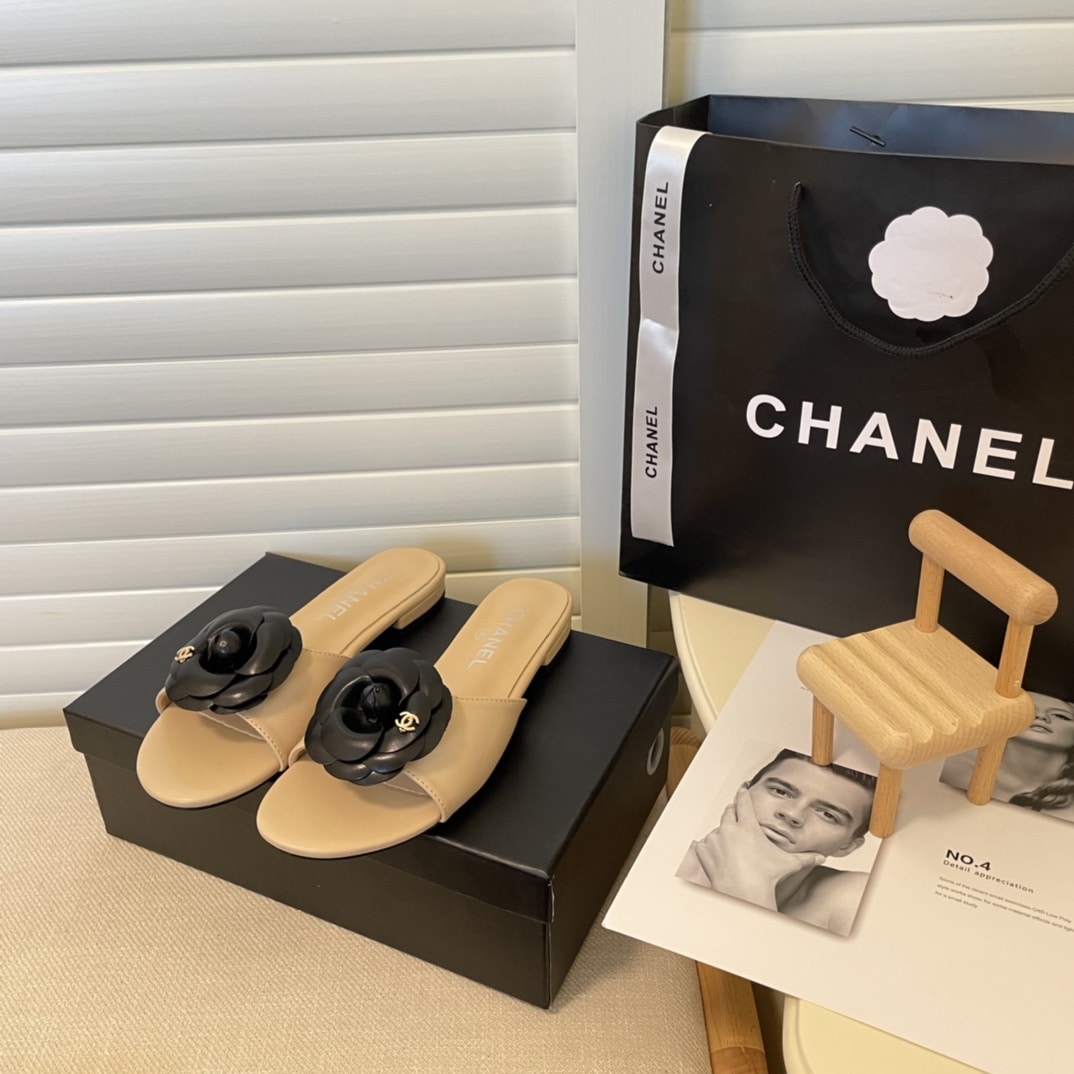 Chanel Black Camellia Slides Beige