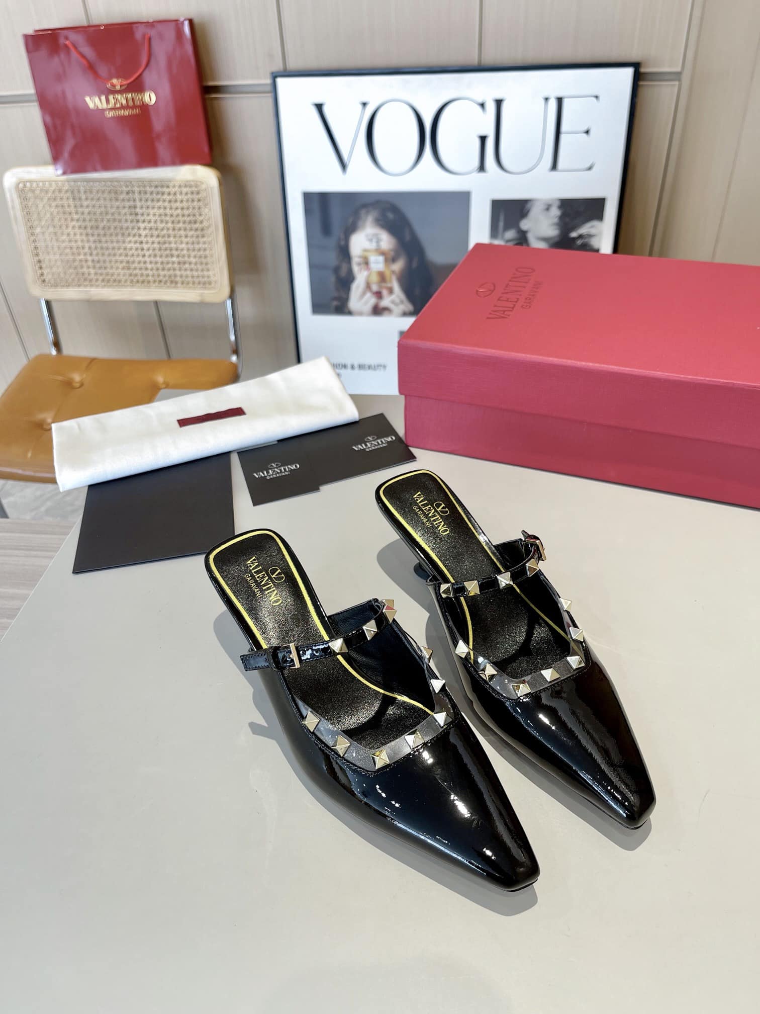 Valentino Garavani Rockstud Asymmetric Patent Leather Mules Black