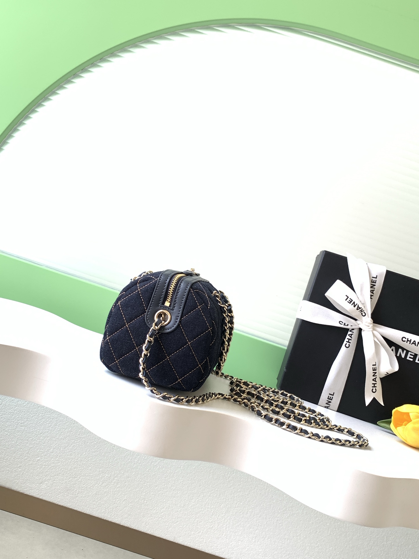 26P Pre-Collection Denim Quilted LP Lunch Box Bowling Bag in Dark Blue with Gold Hardware (Model AS4836)