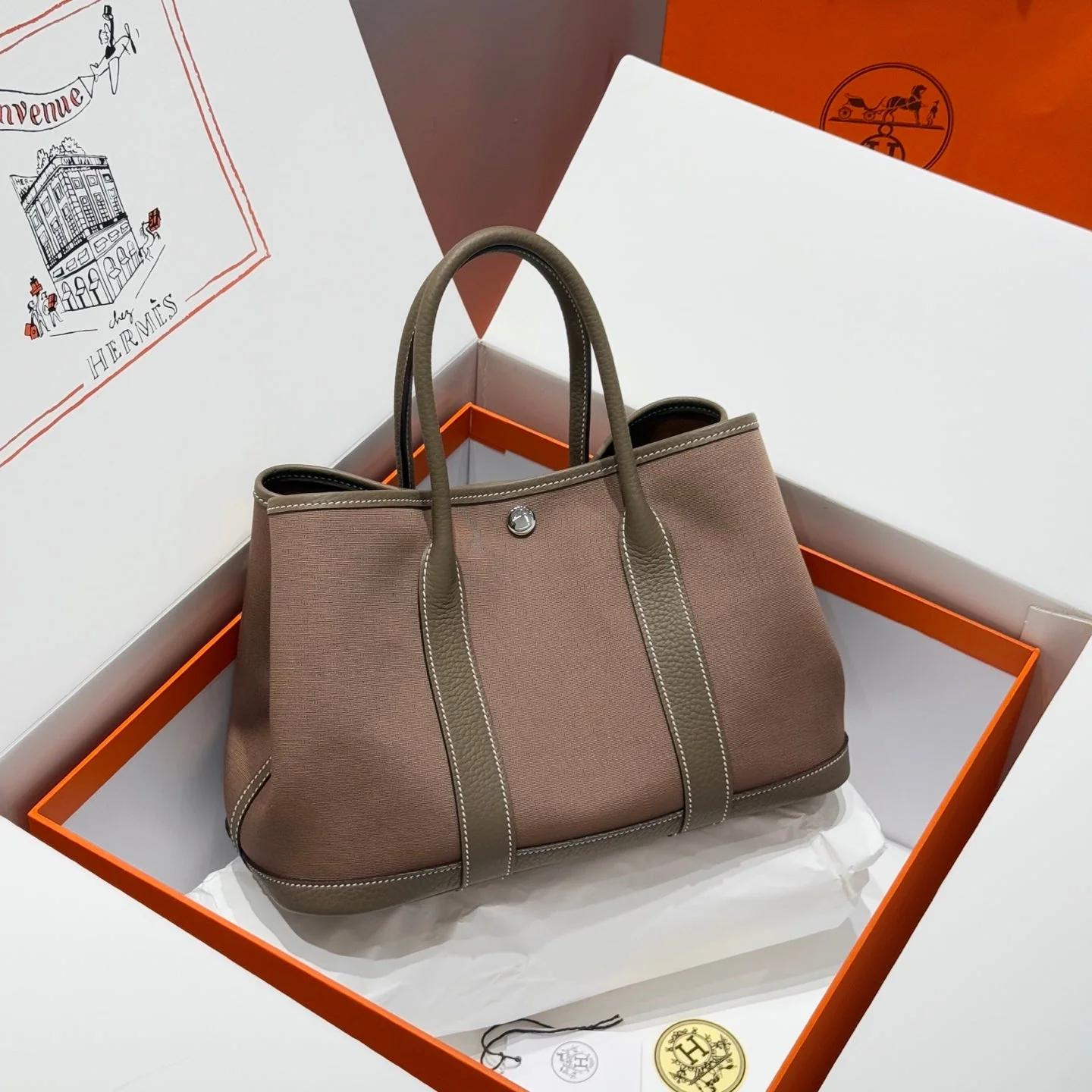 HM Garden Party 30cm Bag Etoupe Togo Chocolate Canvas