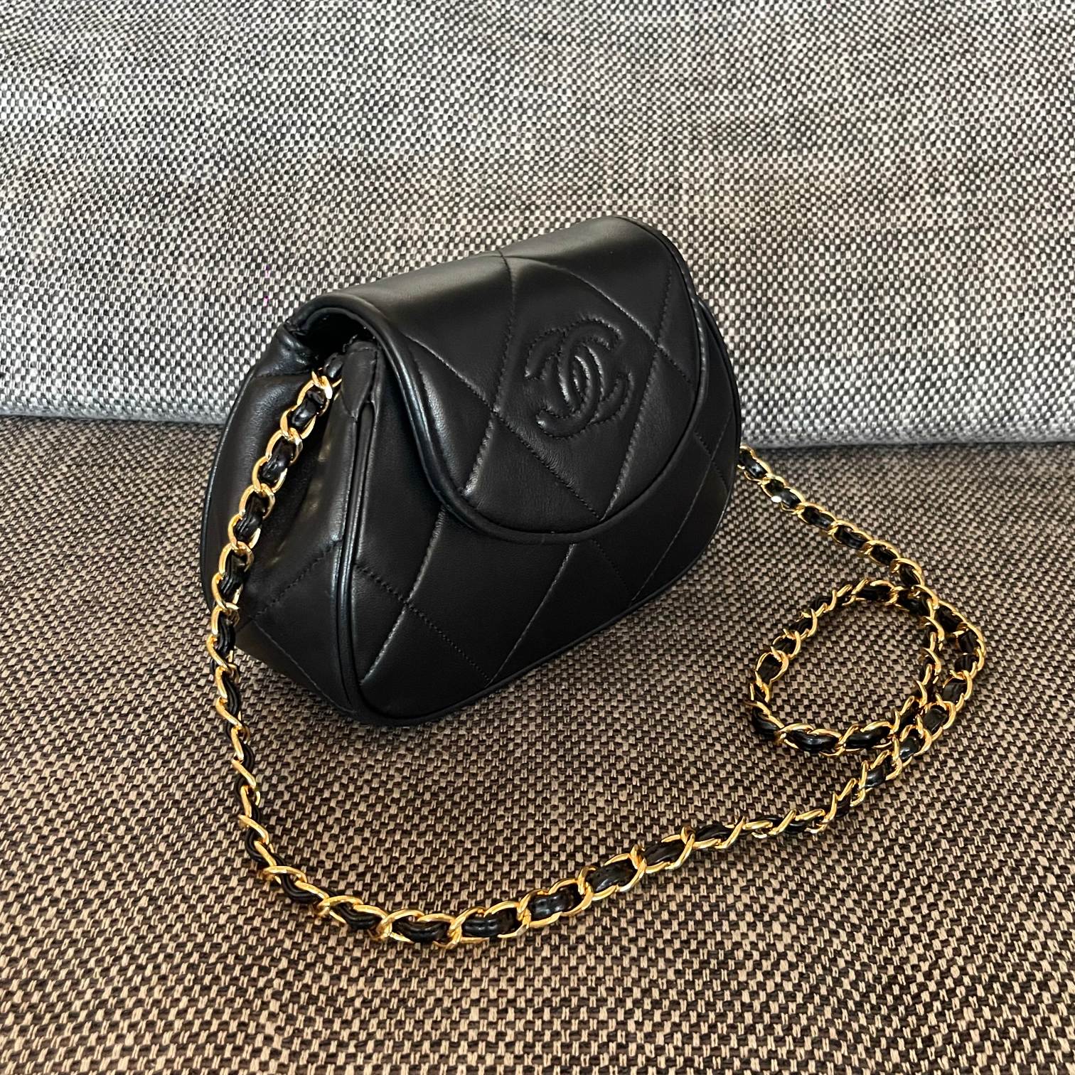 Black Quilted Lambskin Crescent-shaped Flap Handbag with Gold-Tone Hardware
