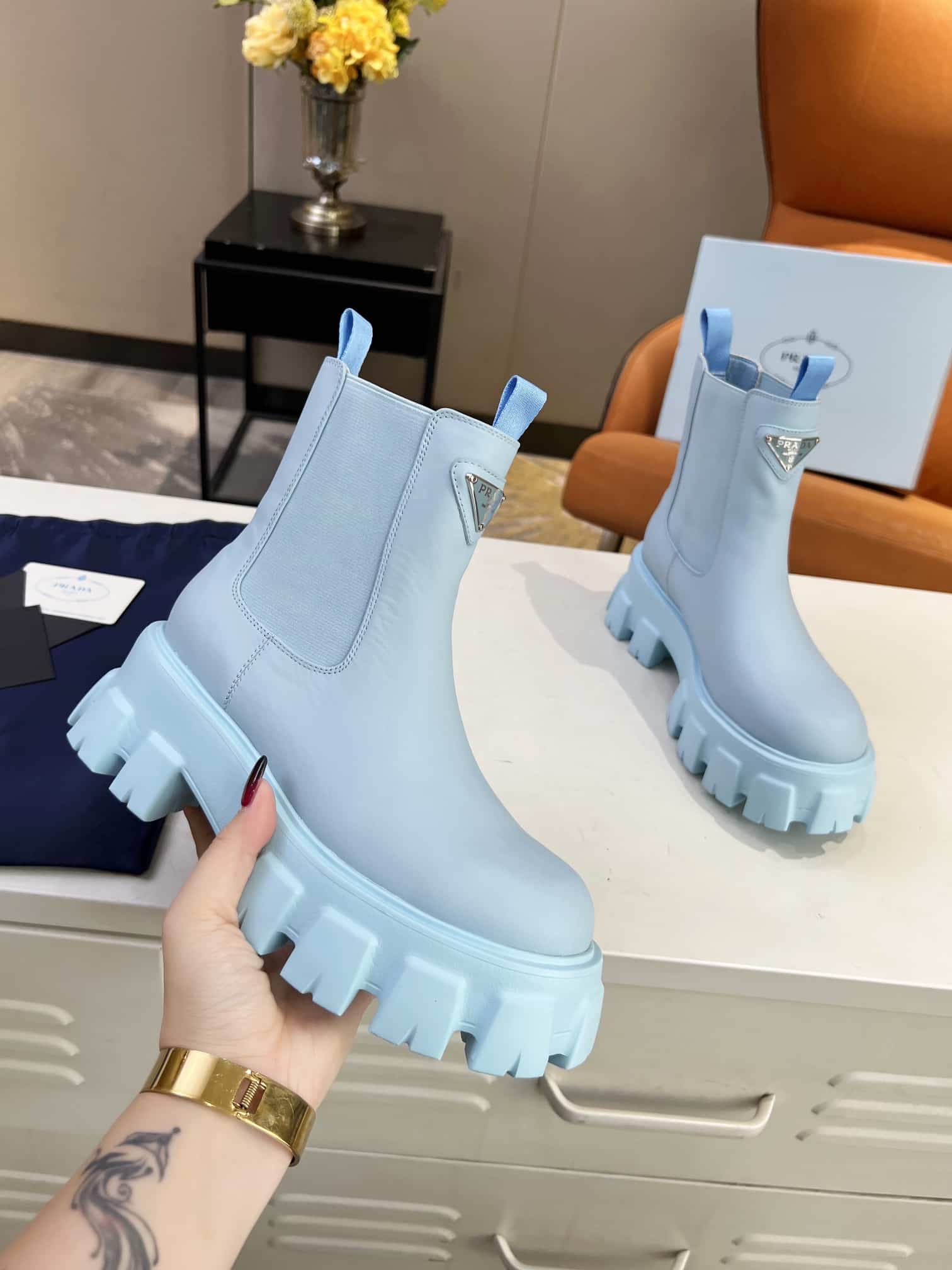 Prada Monolith Brushed Leather Booties Blue