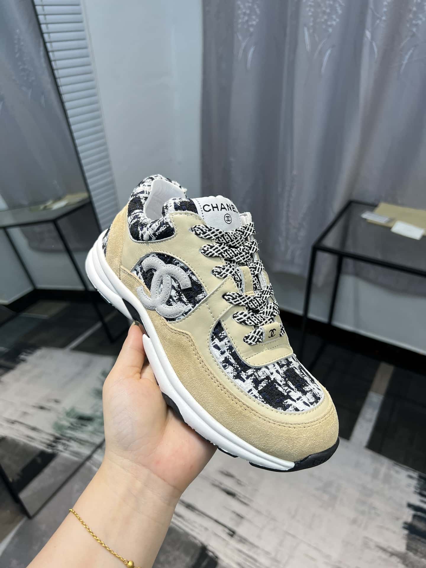 Chanel Coton Tweed Suede Calfskin Sneakers Black