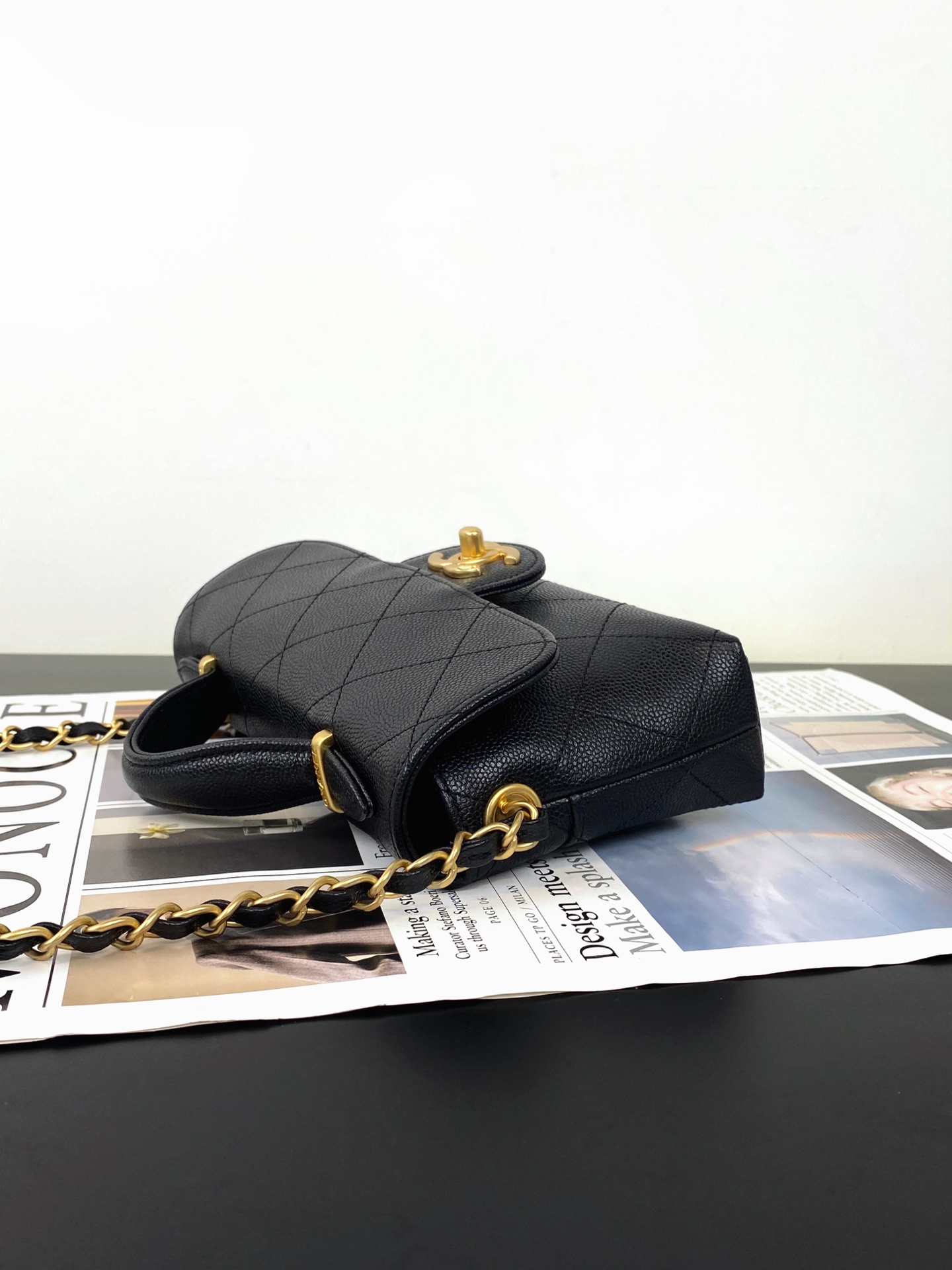 25K Black Quilted Caviar Calfskin Classic Flap with Top Handle & Gold Hardware