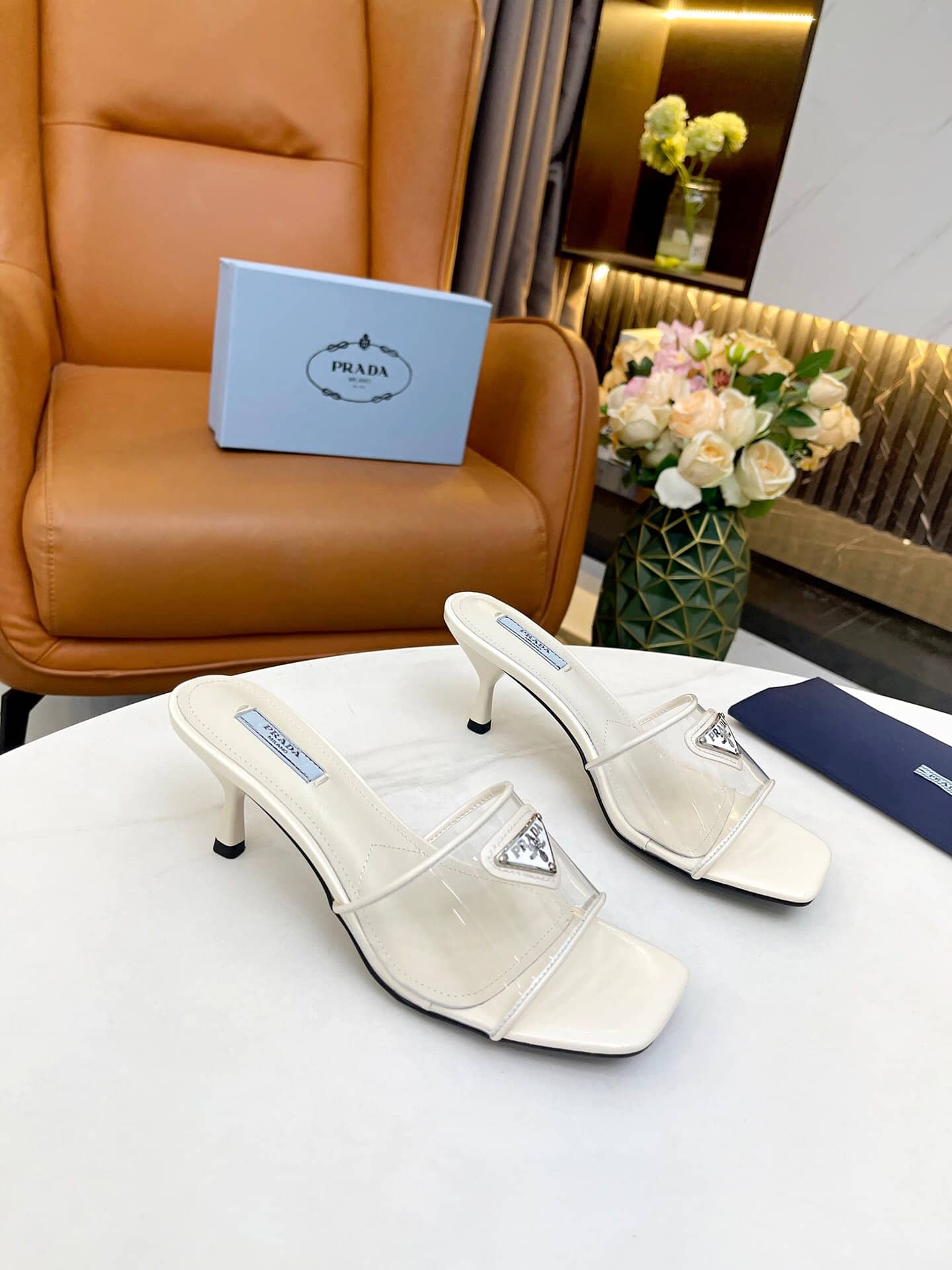 Prada Plexiglas And Patent Leather Sandals Cream