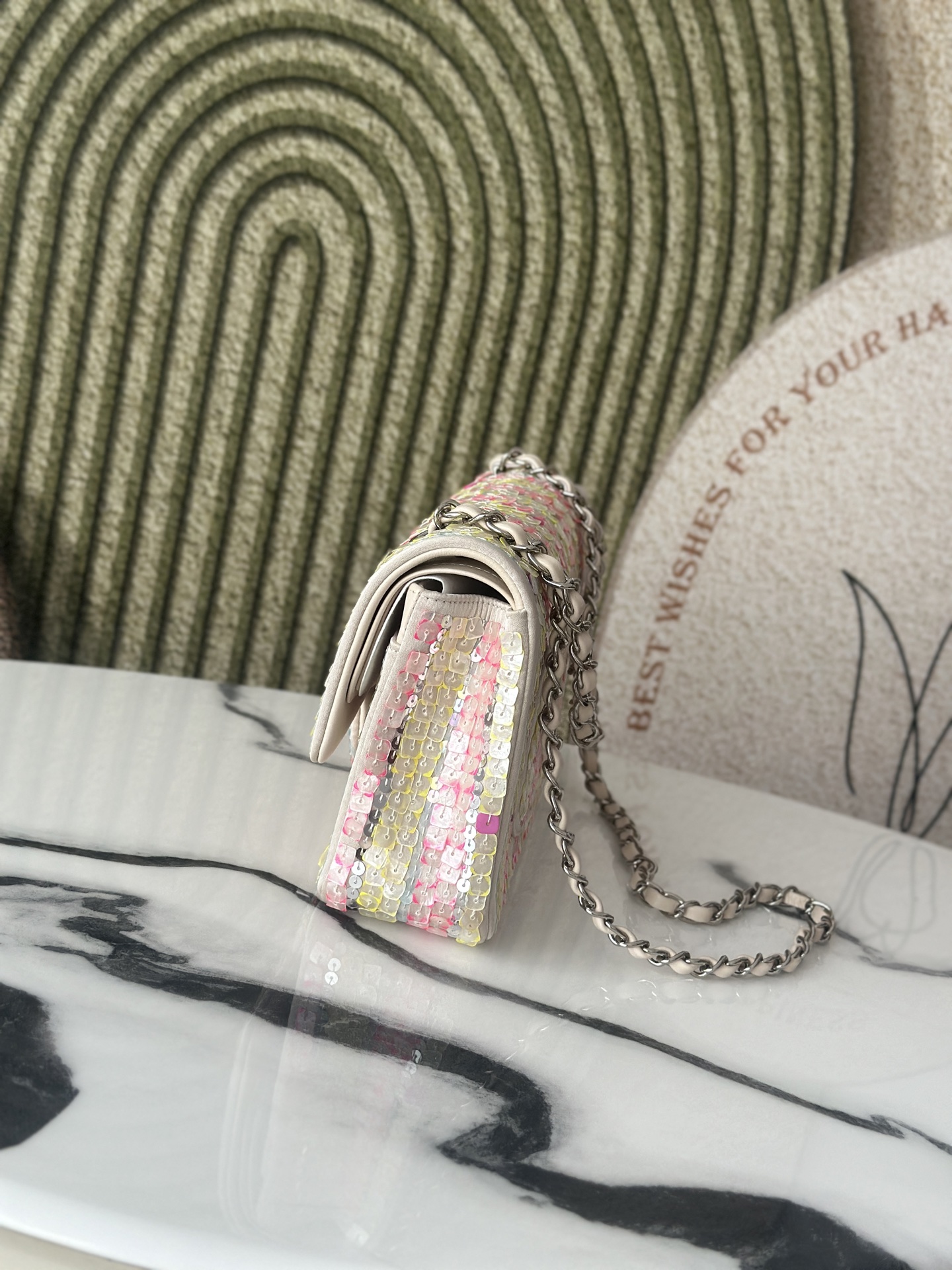 24A Mini Classic Flap Bag (AS3269) in Multicolor Striped Hand-Embroidered Sequins on Lambskin with Silver-Tone Hardware