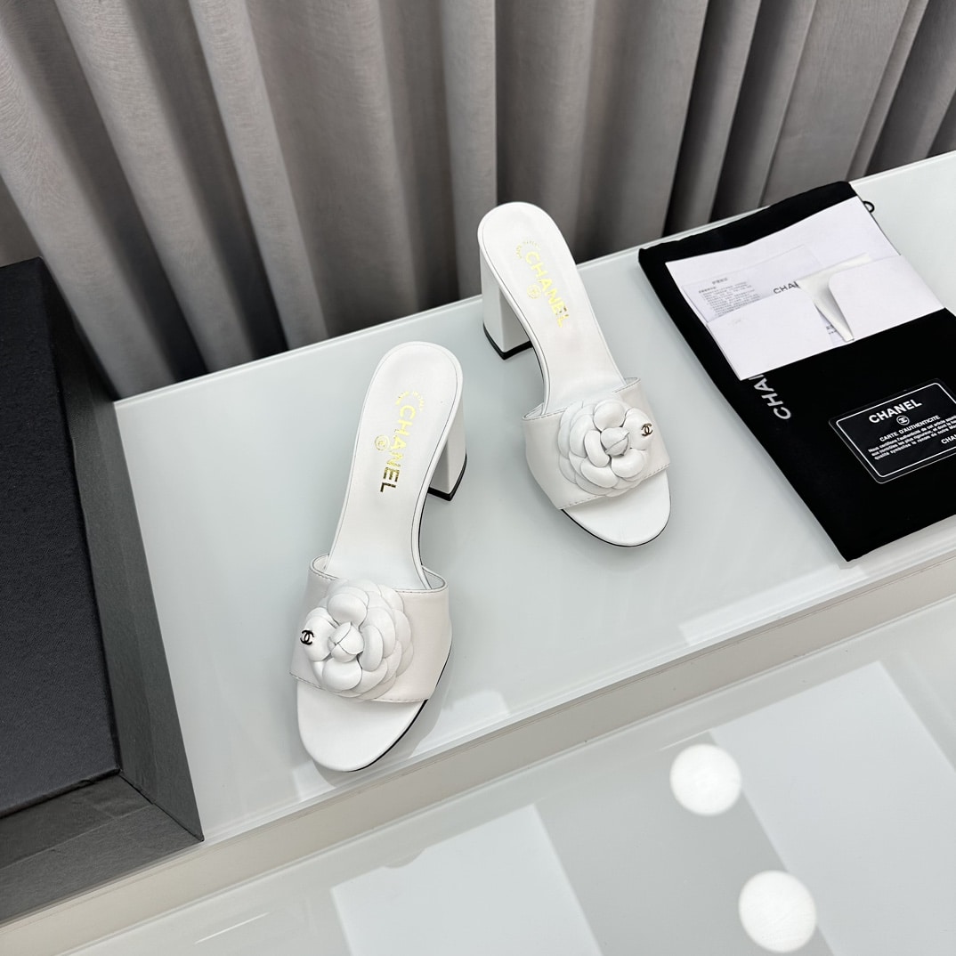 Chanel Camellia Medium Heel Slippers White