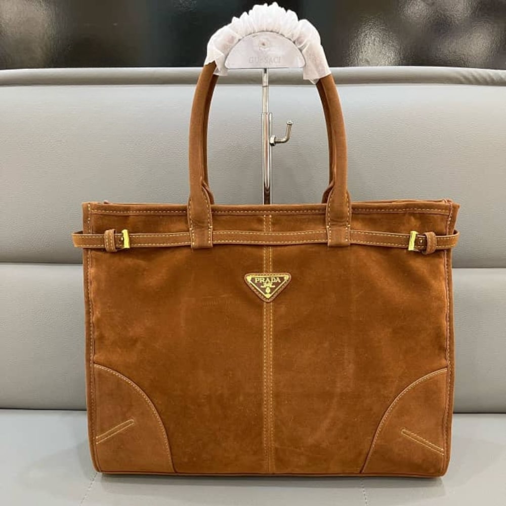 Prada Bonnie Large Suede Handbag Brown 38Cm 1Ba433 2C4S F0401 V Moo