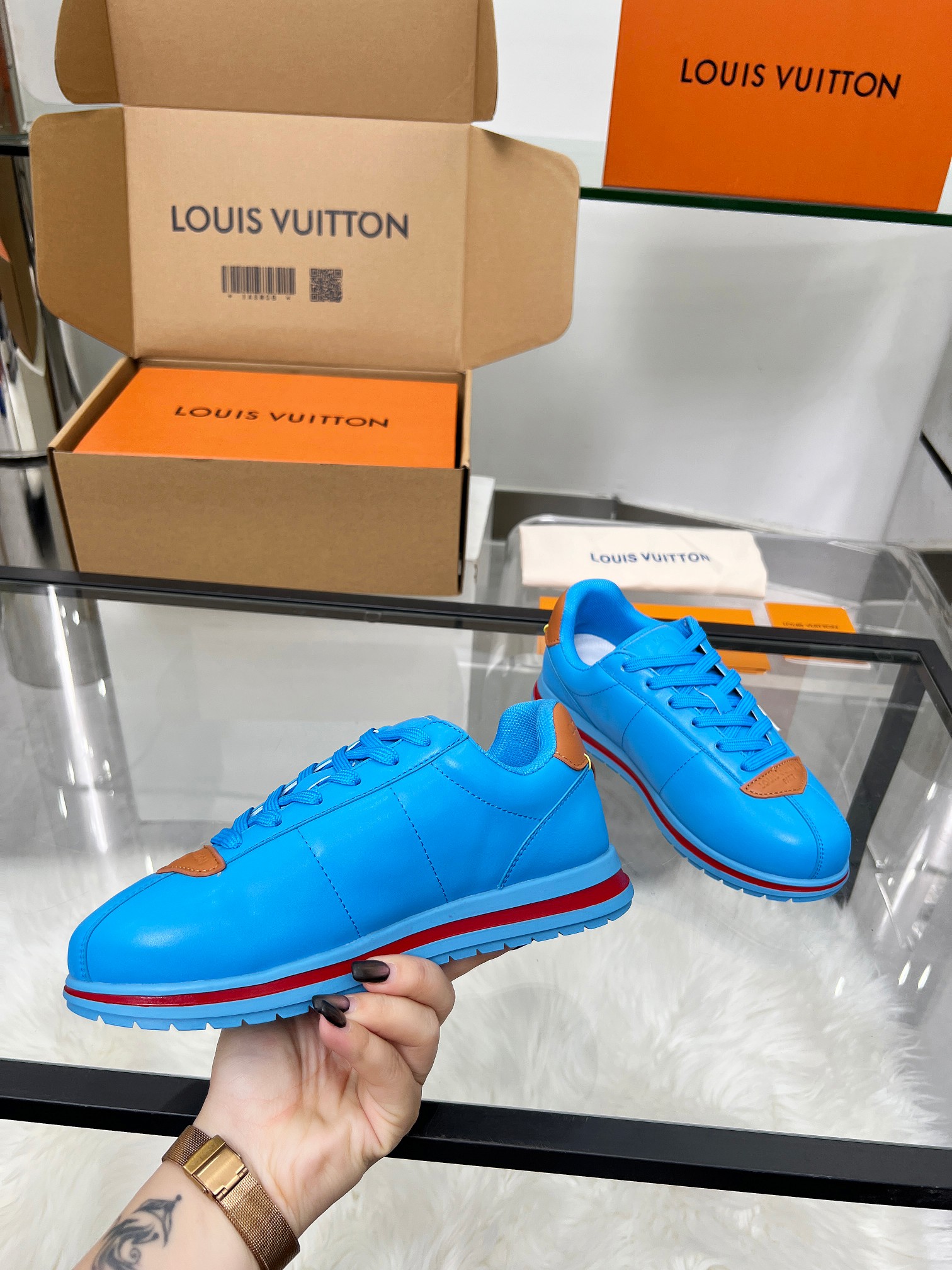 Louis Vuitton LV Trainer Sneaker Blue & Pink – Red Stripe Sole – Women’s Shoes