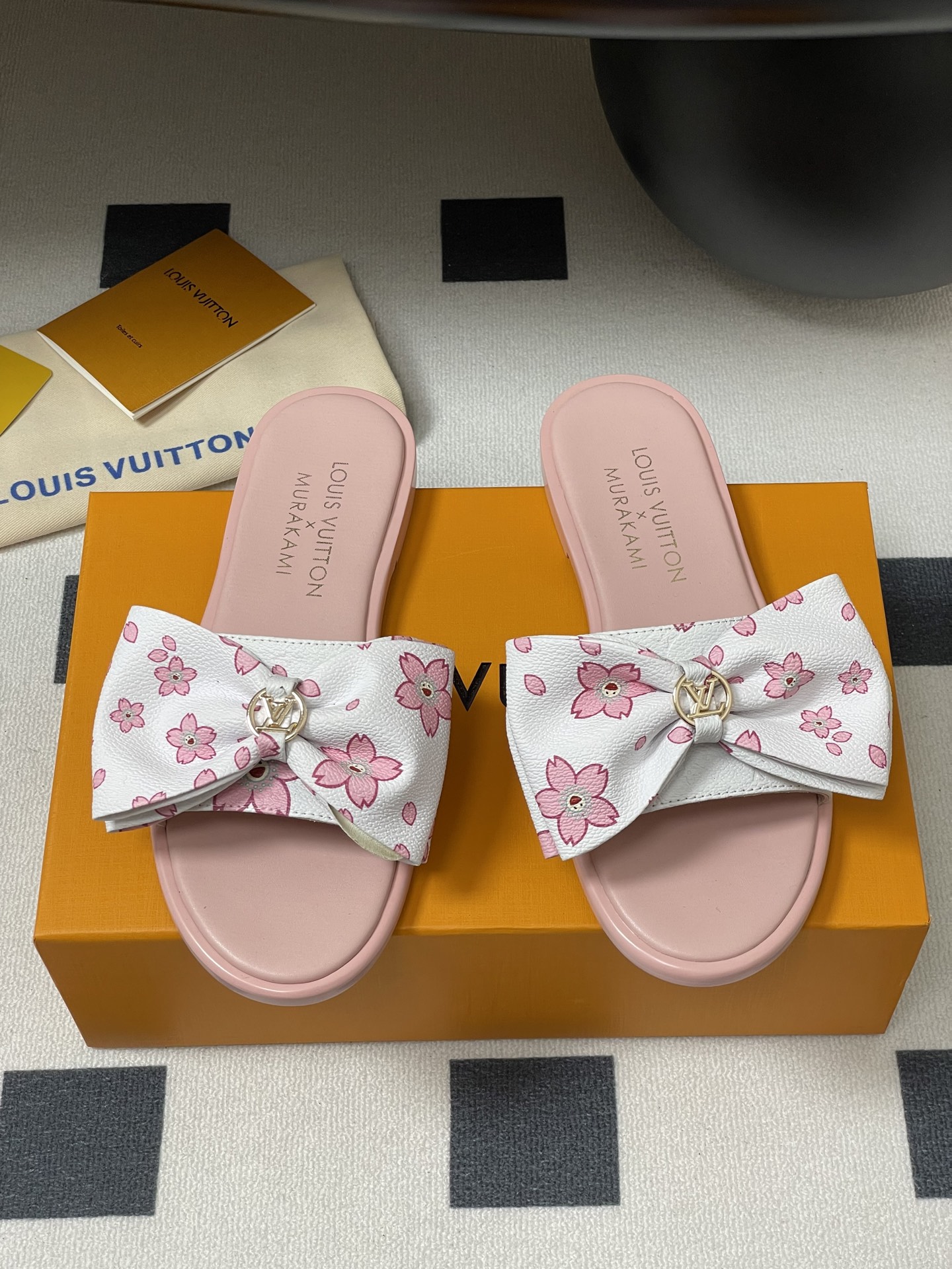 Louis Vuitton x Takashi Murakami Lily Flat Mule Bow Slide Sandals Pink Canvas 1AGVYA