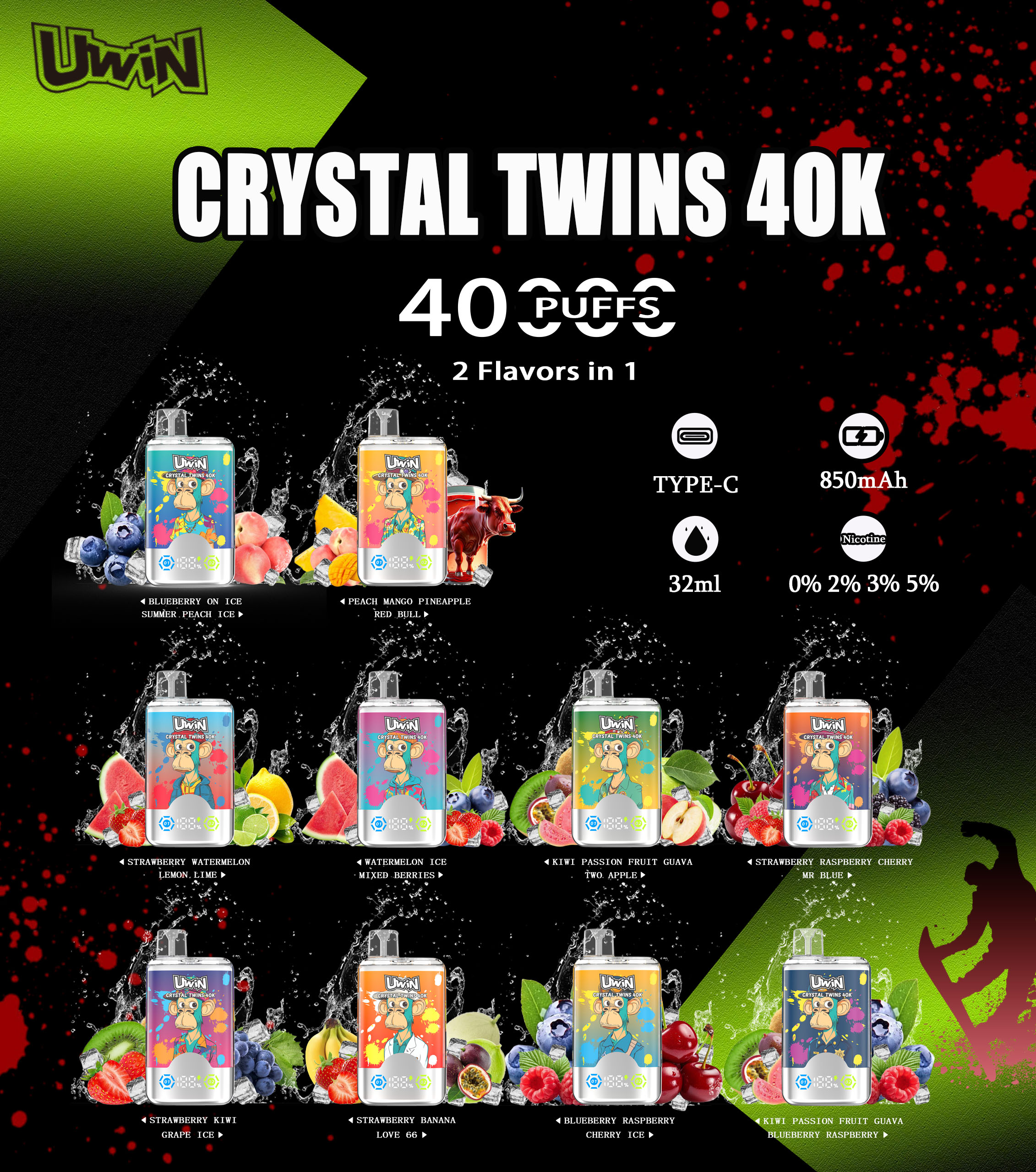 Uwin Twins Crystal 40K Disposable Vape(3 pieces)