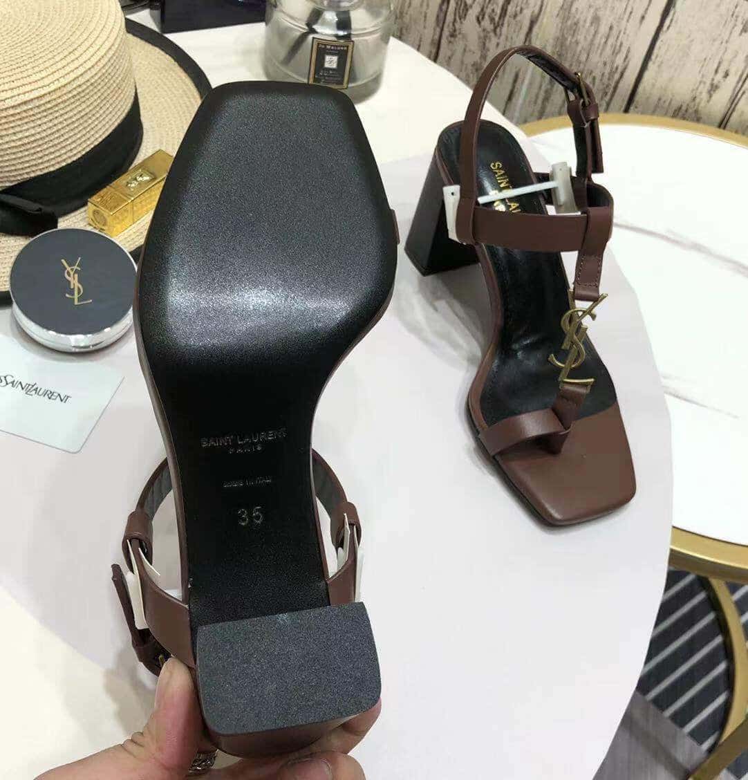 Saint Laurent Cassandra Leather Slingback Sandals Brown