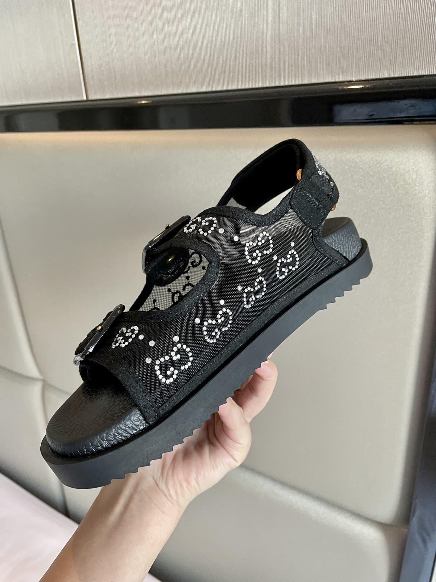 Gucci Gg Sandal With Crystals Black 701158 F13A0 1000