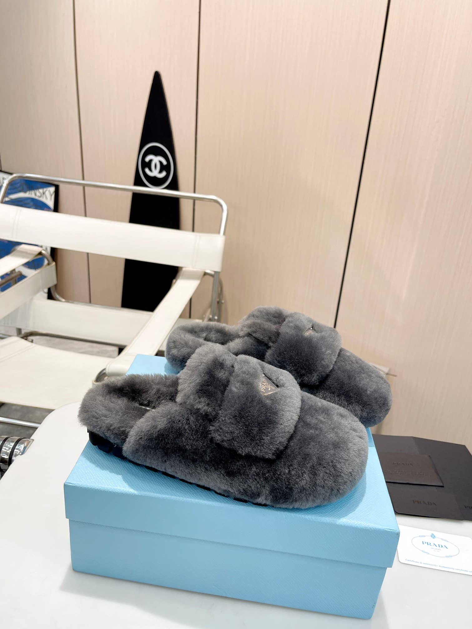 Prada Shearling Sabots Grey