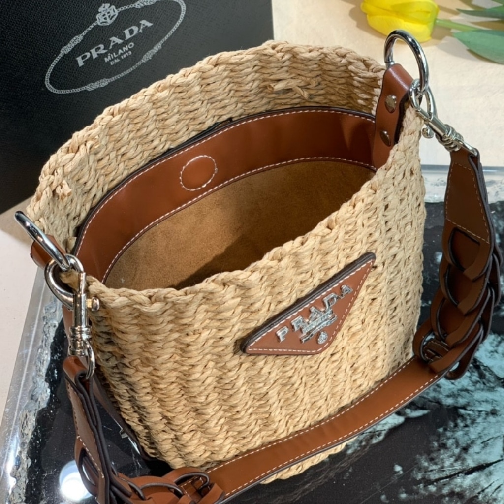 Prada Raffia Woven Bucket Bag Natural 21cm
