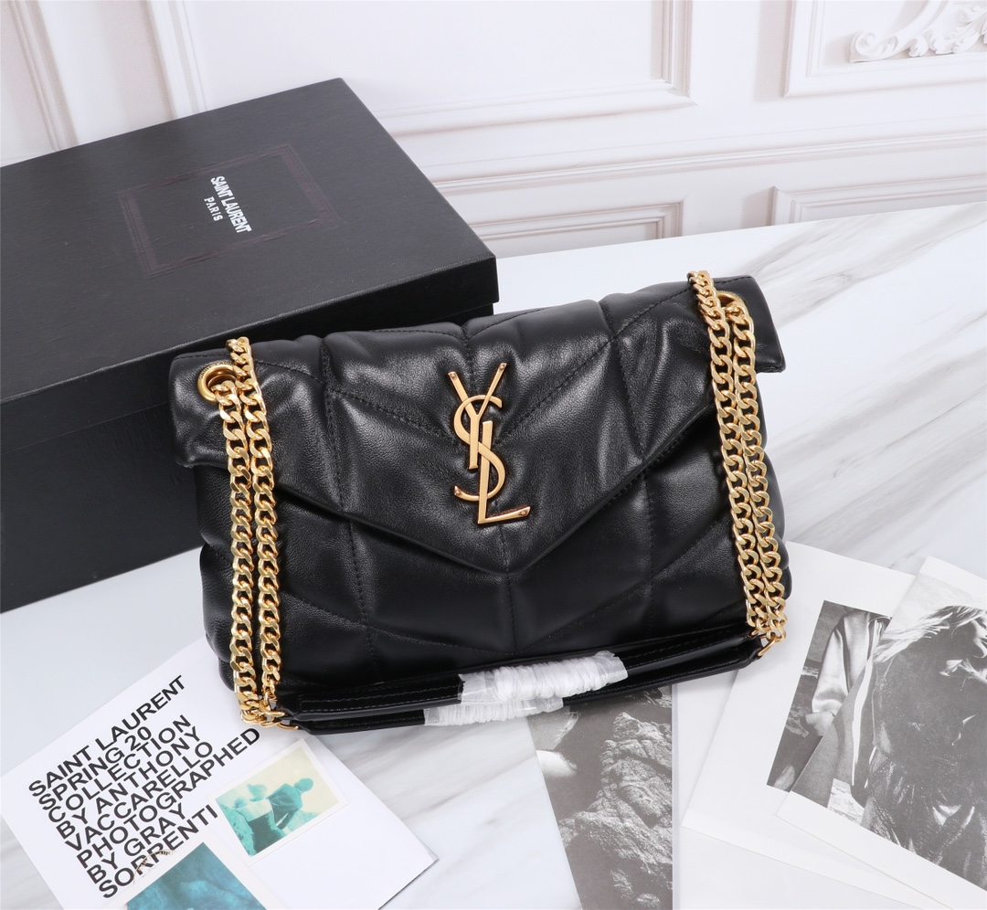 Saint Laurent Puffer Small Chain Bag In Quilted Black Gold