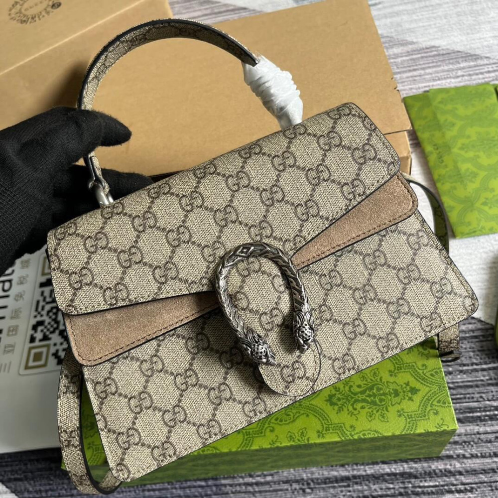 Gucci Small Dionysus Top Handle Bag Taupe Suede Trim