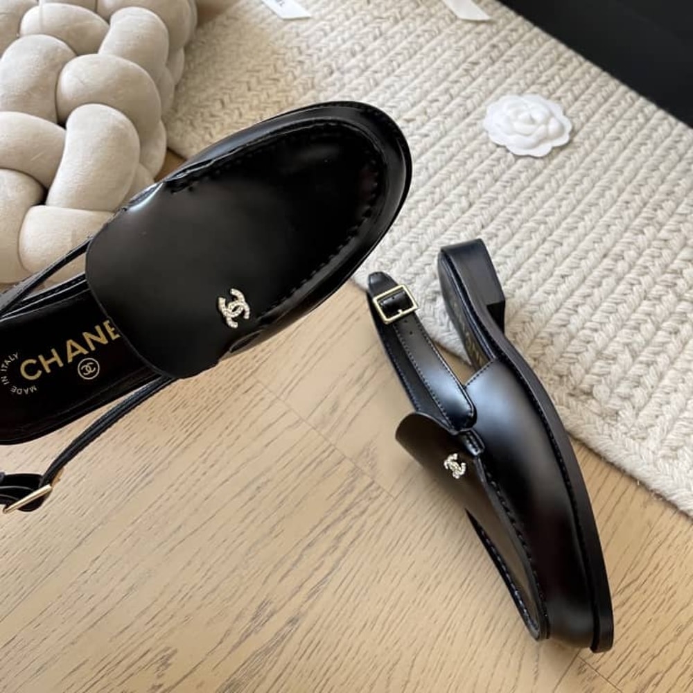 Chanel Interlocking Cc Logo Slingback Flats Black