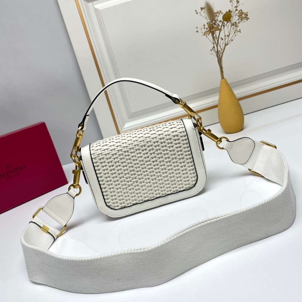 Valentino Garavani Alltime VLogo Woven Leather Shoulder Bag White 22Cm
