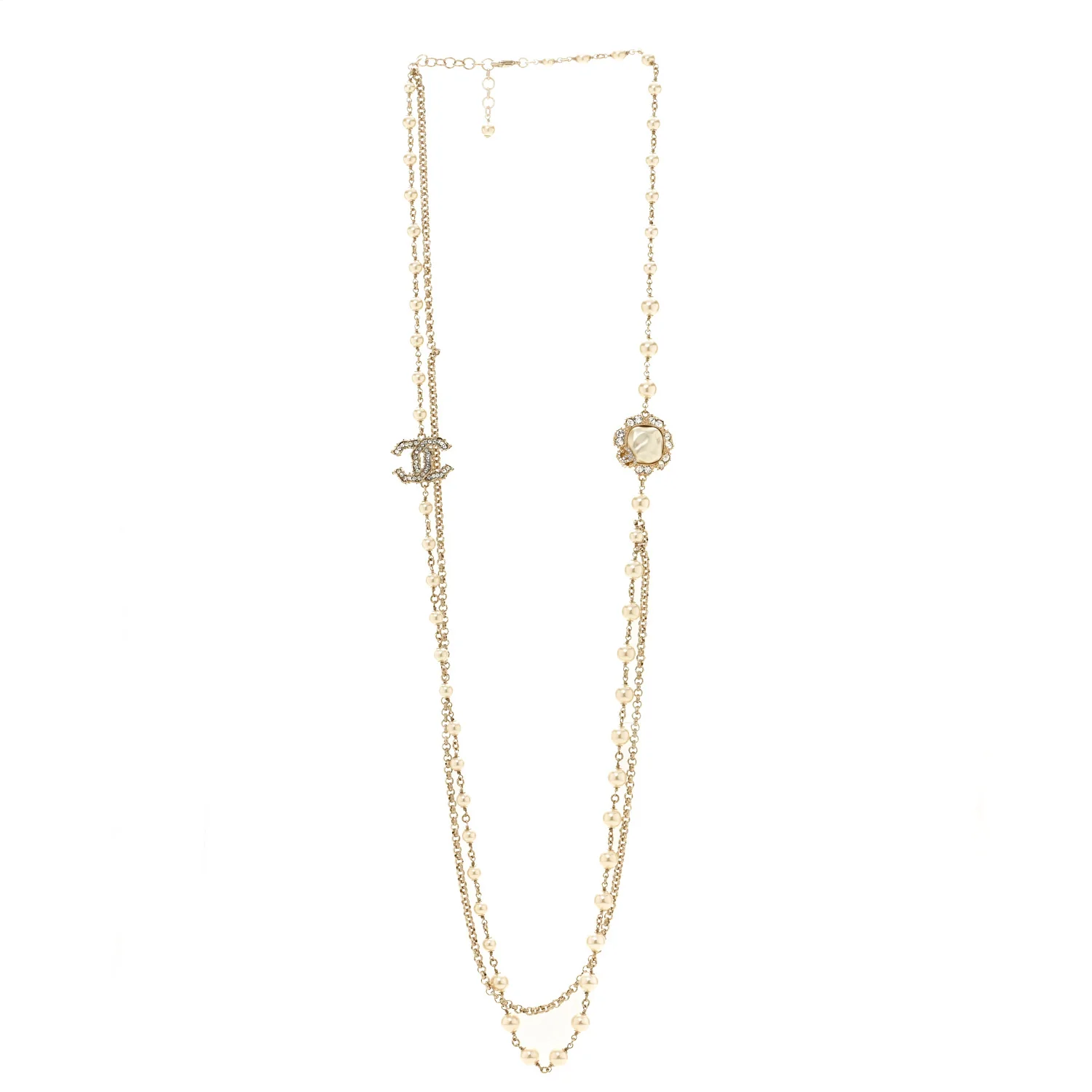 Pearl Crystal CC Camellia Express Long Necklace Gold