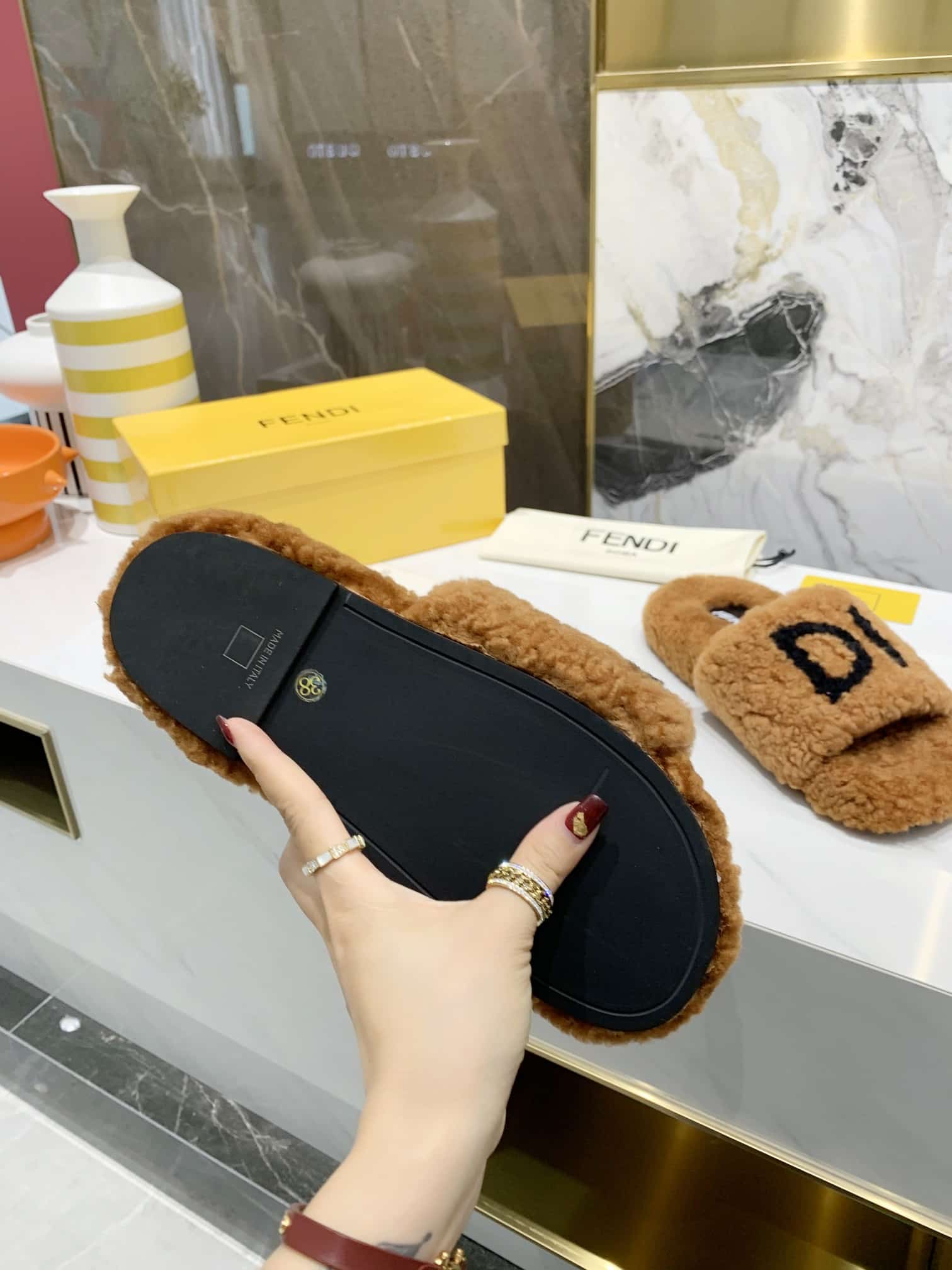 Fendi Shearling Slides Brown