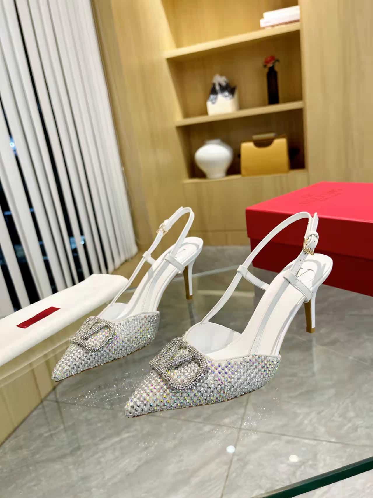 Valentino VLogo Signature Back Strap Crystal High Heels White