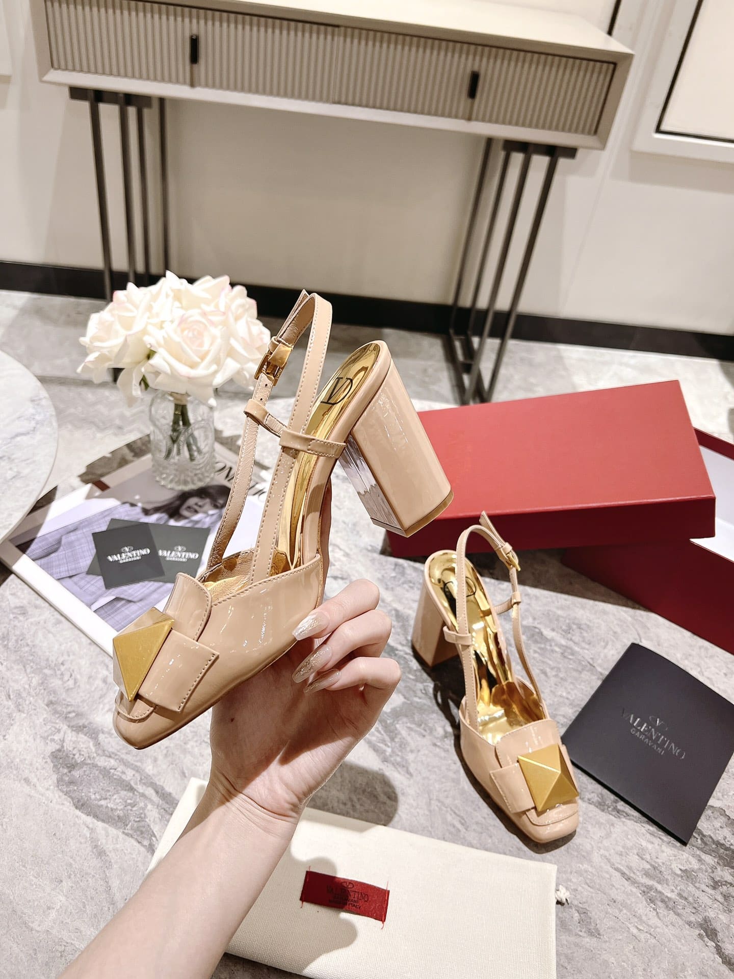 Valentino Garavani One Stud Patent Leather Slingback Pump Rose Cannelle