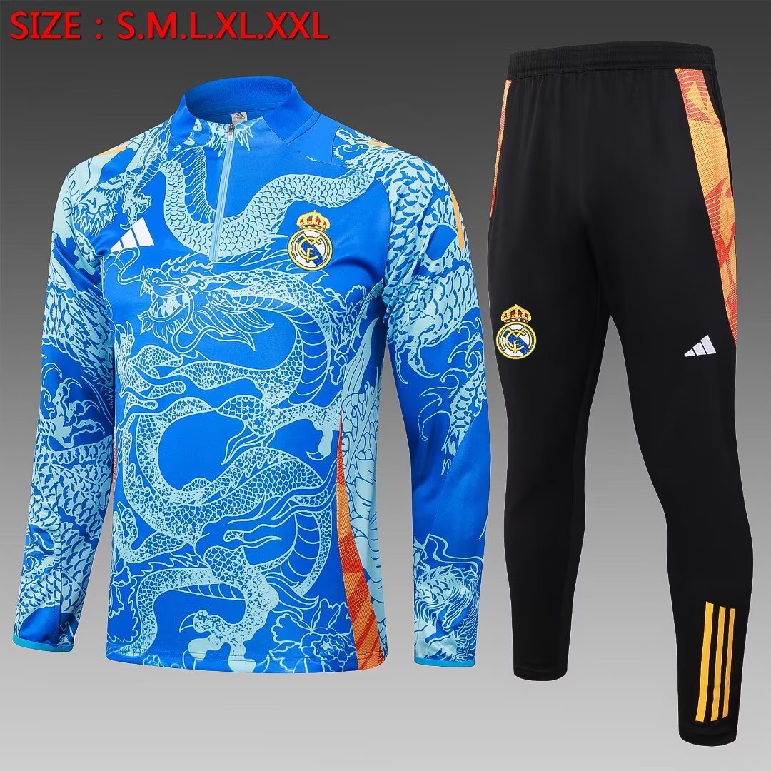 2024/2025 Real Madrid Half-Pull Training Suit Blue Dragon Football Shirt 1:1 Thai Quality