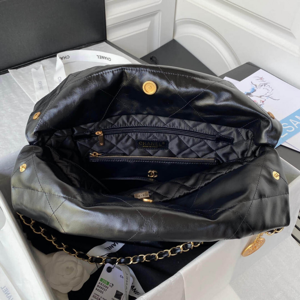 Chanel 22 Small Handbag Shiny Calfskin Black Gold