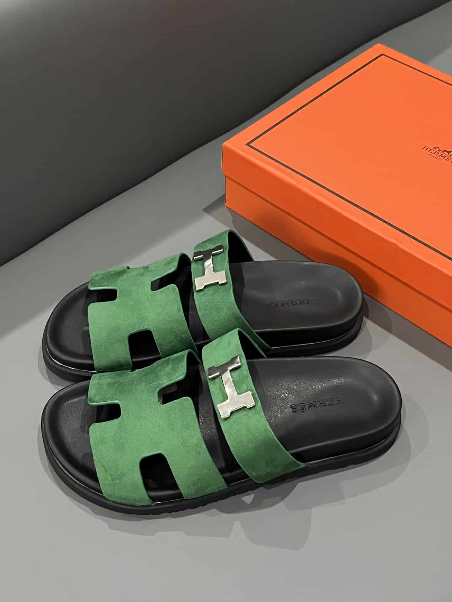 Hermes Chypre Sandal Suede H Logo Silver Hardware Green