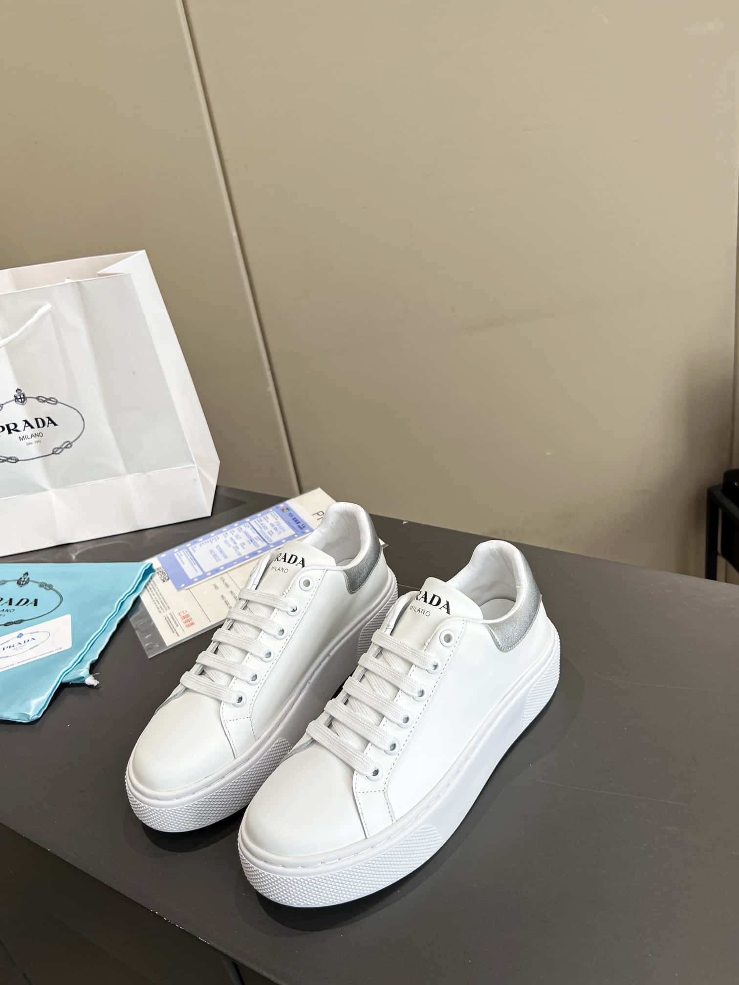 Prada Sneakers In White Leather With Silver Logo