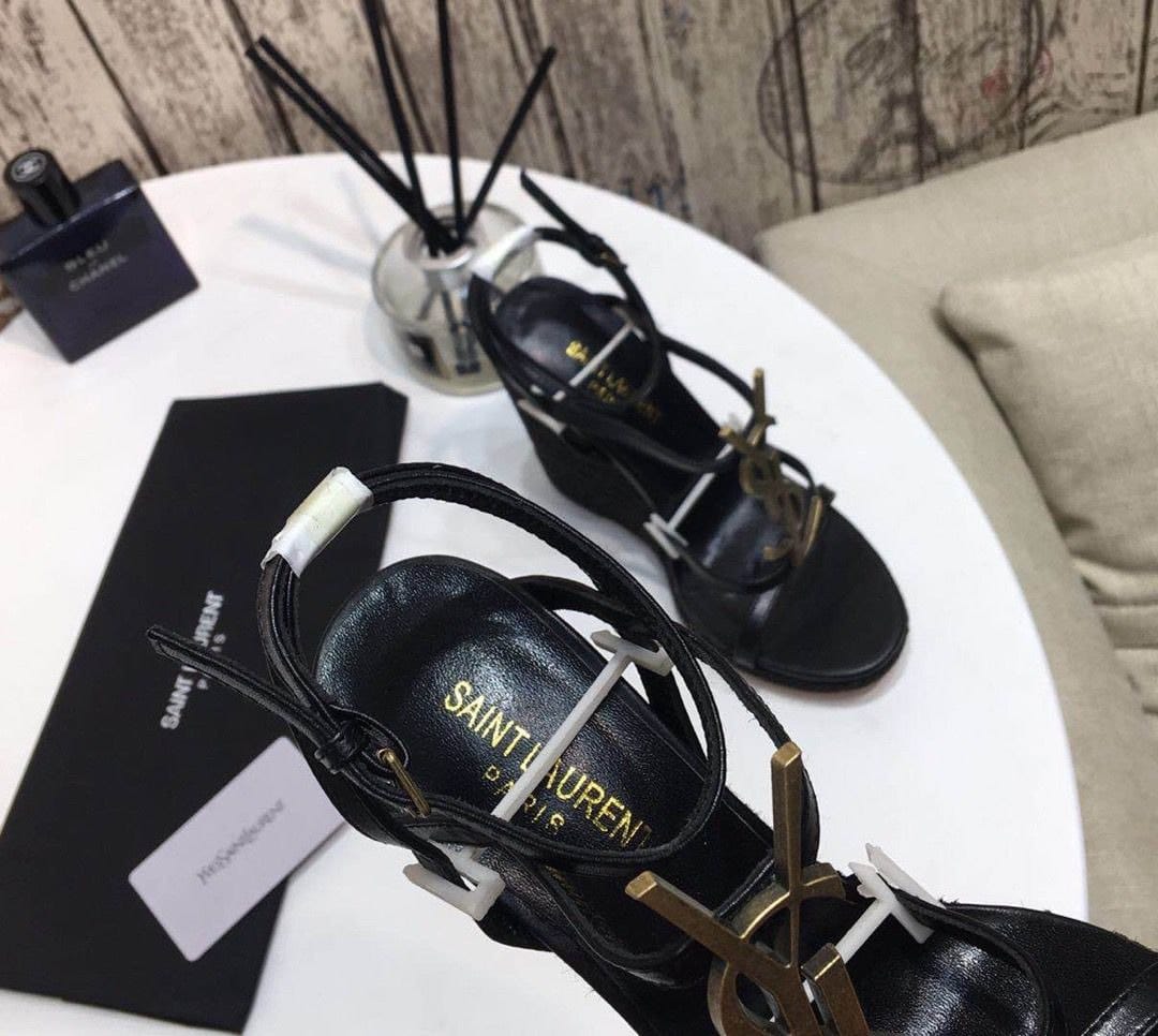 Saint Laurent Cassandra 115 Leather And Raffia Wedge Black Sandals