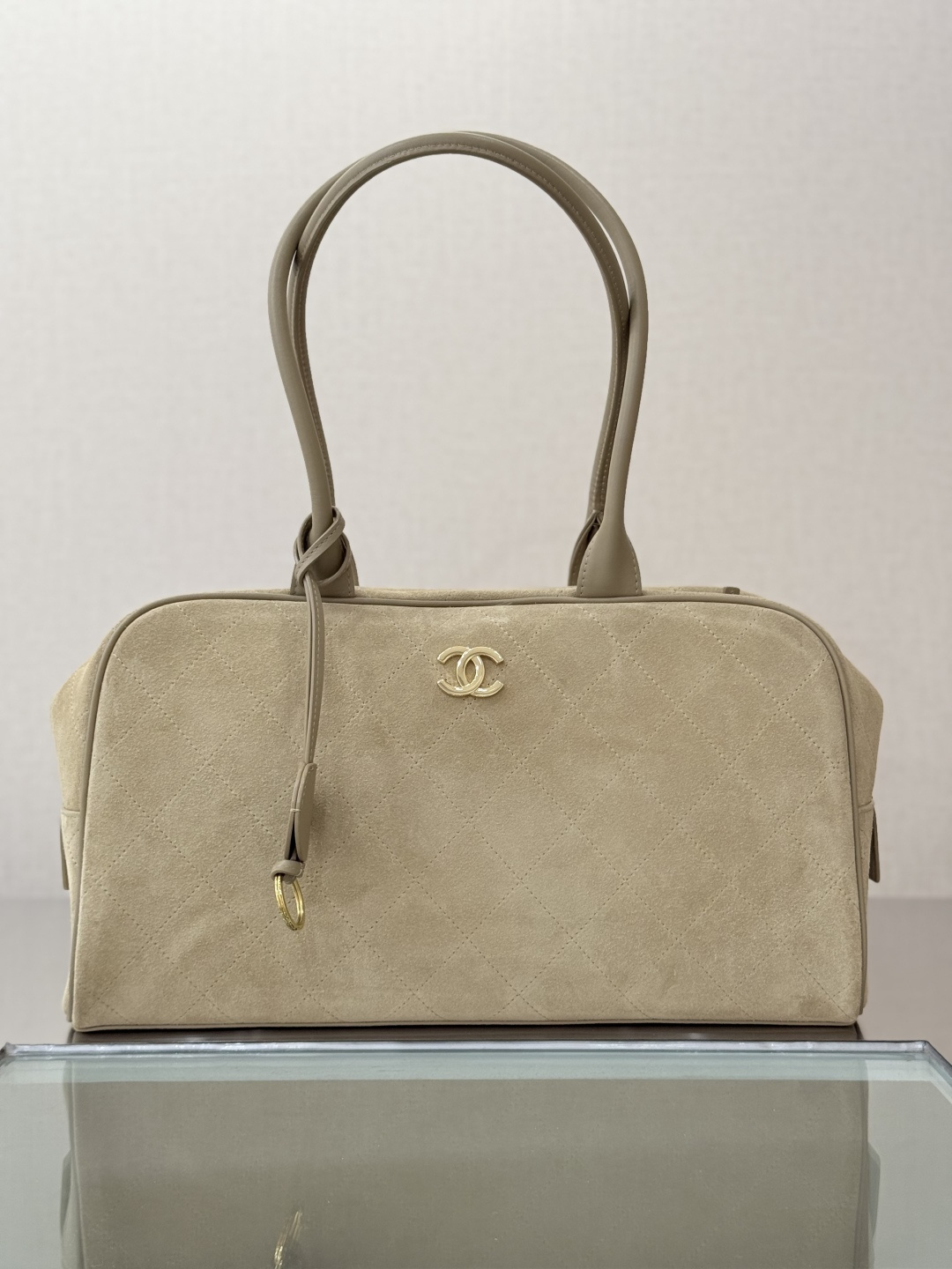 26S Light Beige Quilted Suede Leather Bowling Handbag with Calfskin Handles & Gold-Tone CC Logo