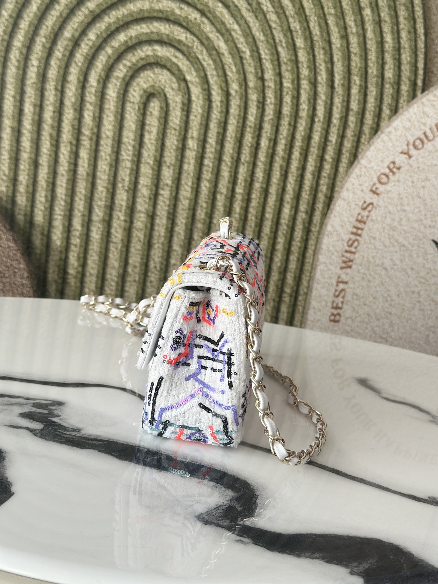 Spring-Summer 2019 Runway Kaleidoscope Multicolor Sequin Mini Classic Flap Bag with Gold-Tone Hardware