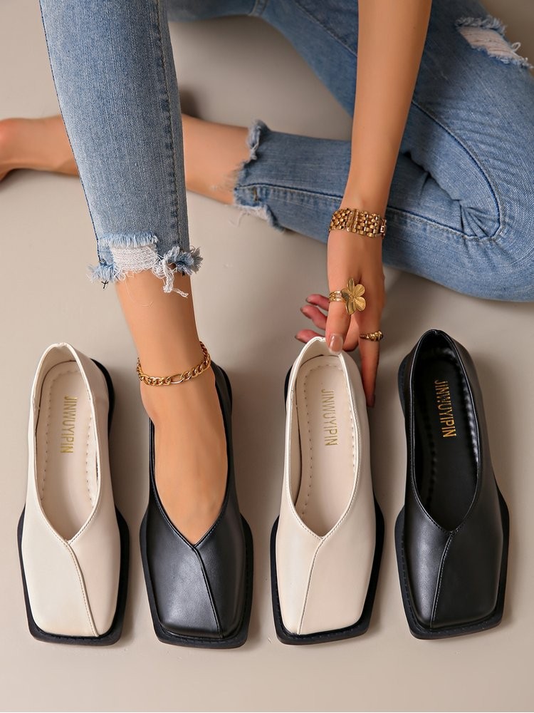 Patchwork Pure Color Square Toe Ballet Flats