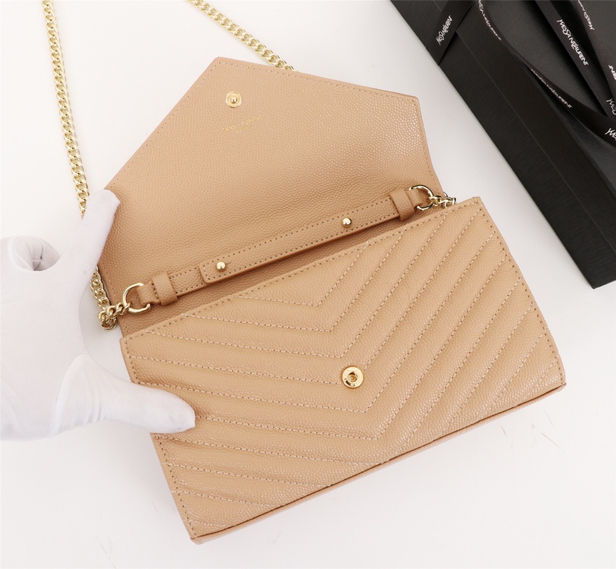 Saint Laurent Cassandre Matelasse Chain Wallet In Grain De Poudre Embossed Beige 22Cm