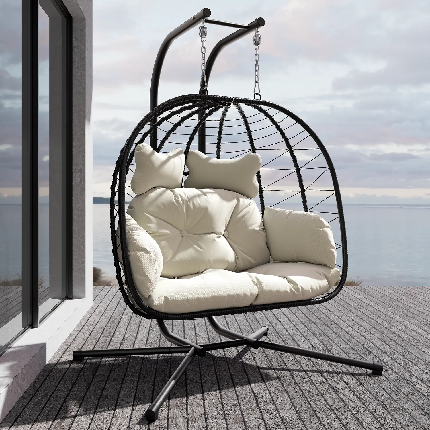 🔥Clearance Sale🔥Double Hanging Egg Chair – Outdoor Patio Swing Chair with Cushions & Stand