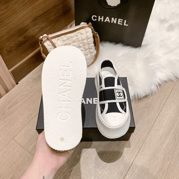 Chanel White CC Cap Toe Slipon Sneaker Black