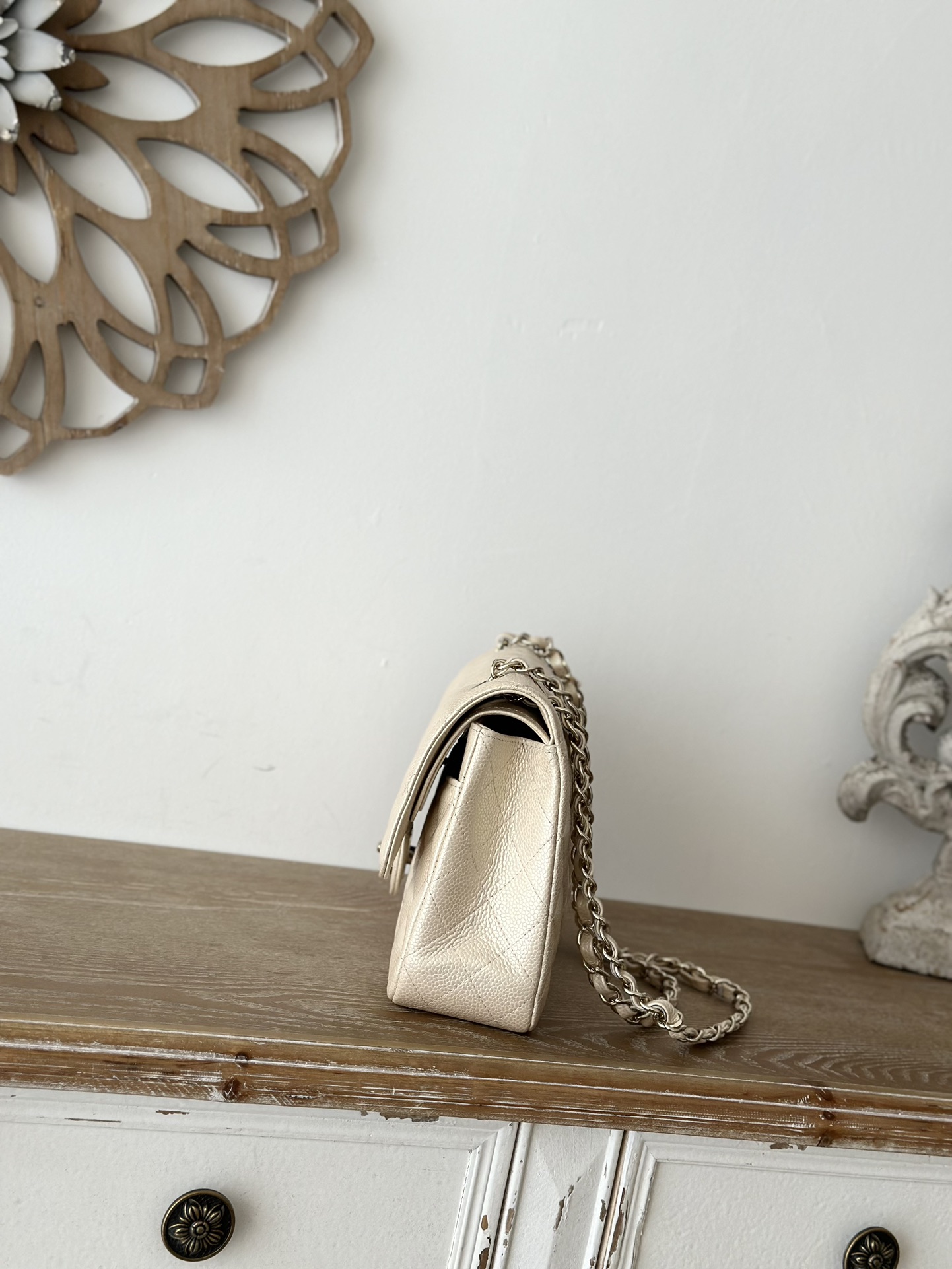 Classic Flap Medium Bag in Beige Caviar Leather with Light Gold Hardware (Model A01112)