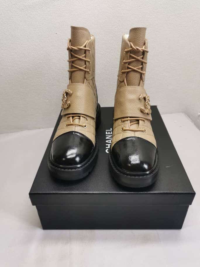 Chanel Lace Up Boots Beige Black G39516 Y56261 K5119