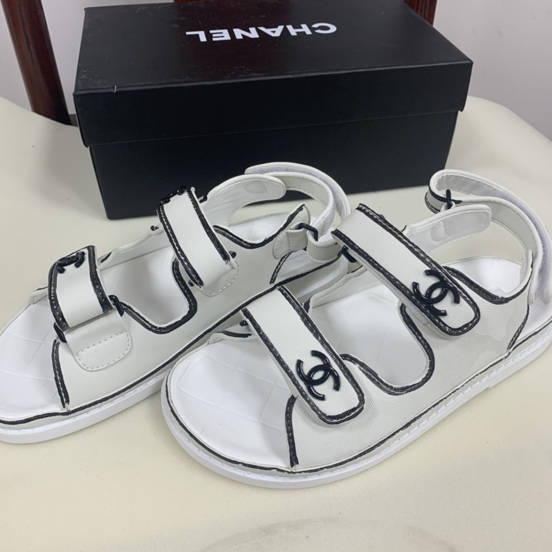 Chanel Calfskin Printed Velcro Dad Sandals White Black