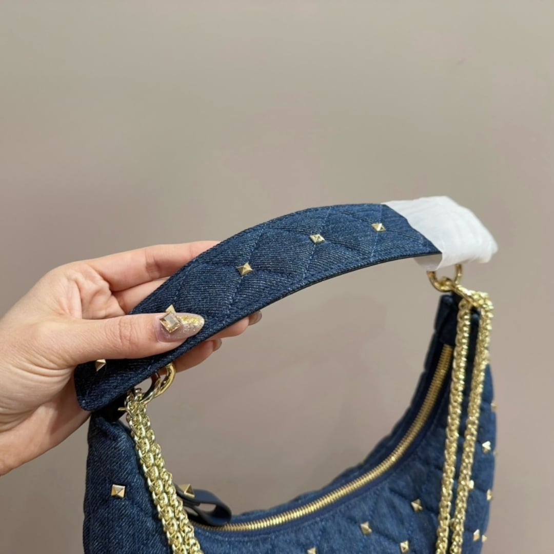 Valentino Garavani Rockstud Spike Denim Hobo Bag In Denim Blue 28Cm 3W2B0M32Bmk