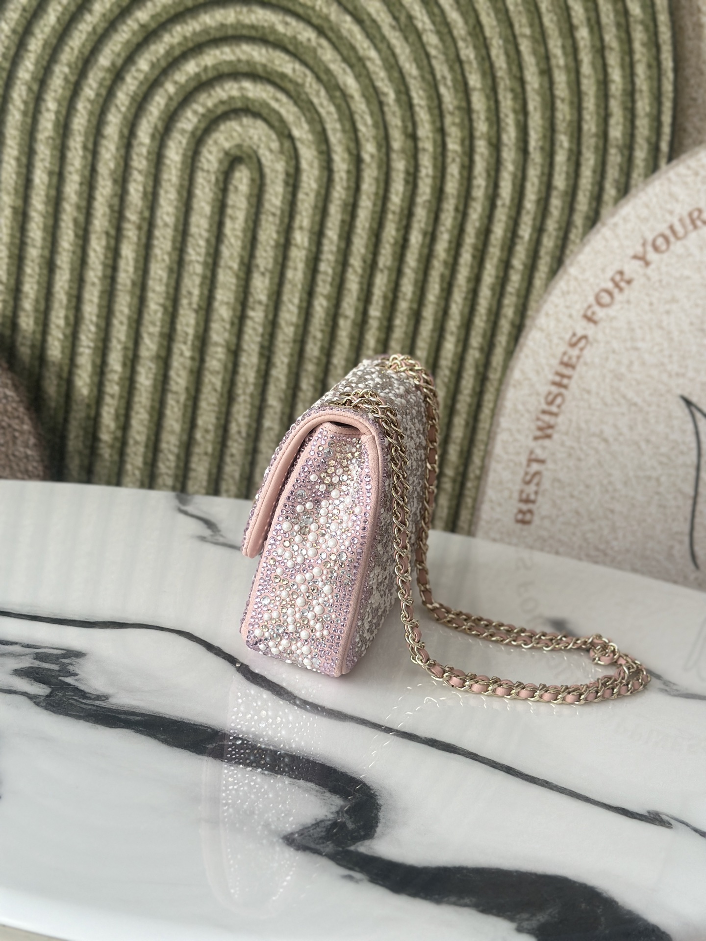 24C25C Small Classic Flap Bag in Sakura Pink Crystal & Pearl Embellished Lambskin with Light Gold-Tone Hardware