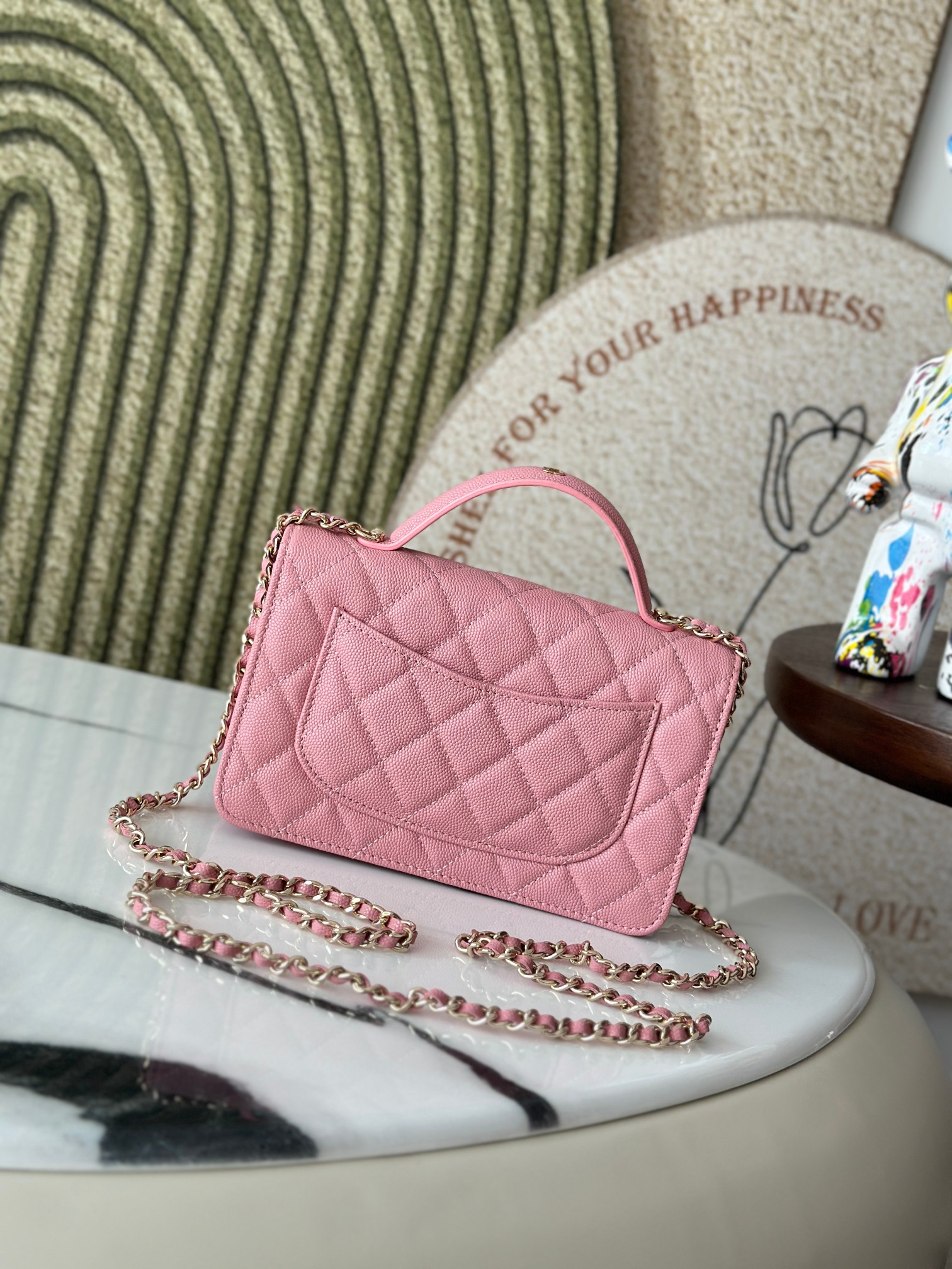 Classic Flap Mini Bag with Top Handle in Sakura Pink Caviar Leather with Light Gold Hardware (Model AP3341)