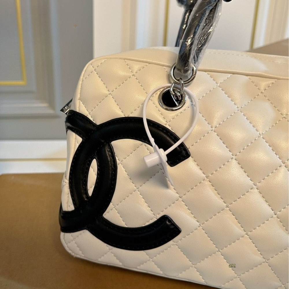 Chanel Cambon Bowler Bag Quilted Leather White And Black 26Cm