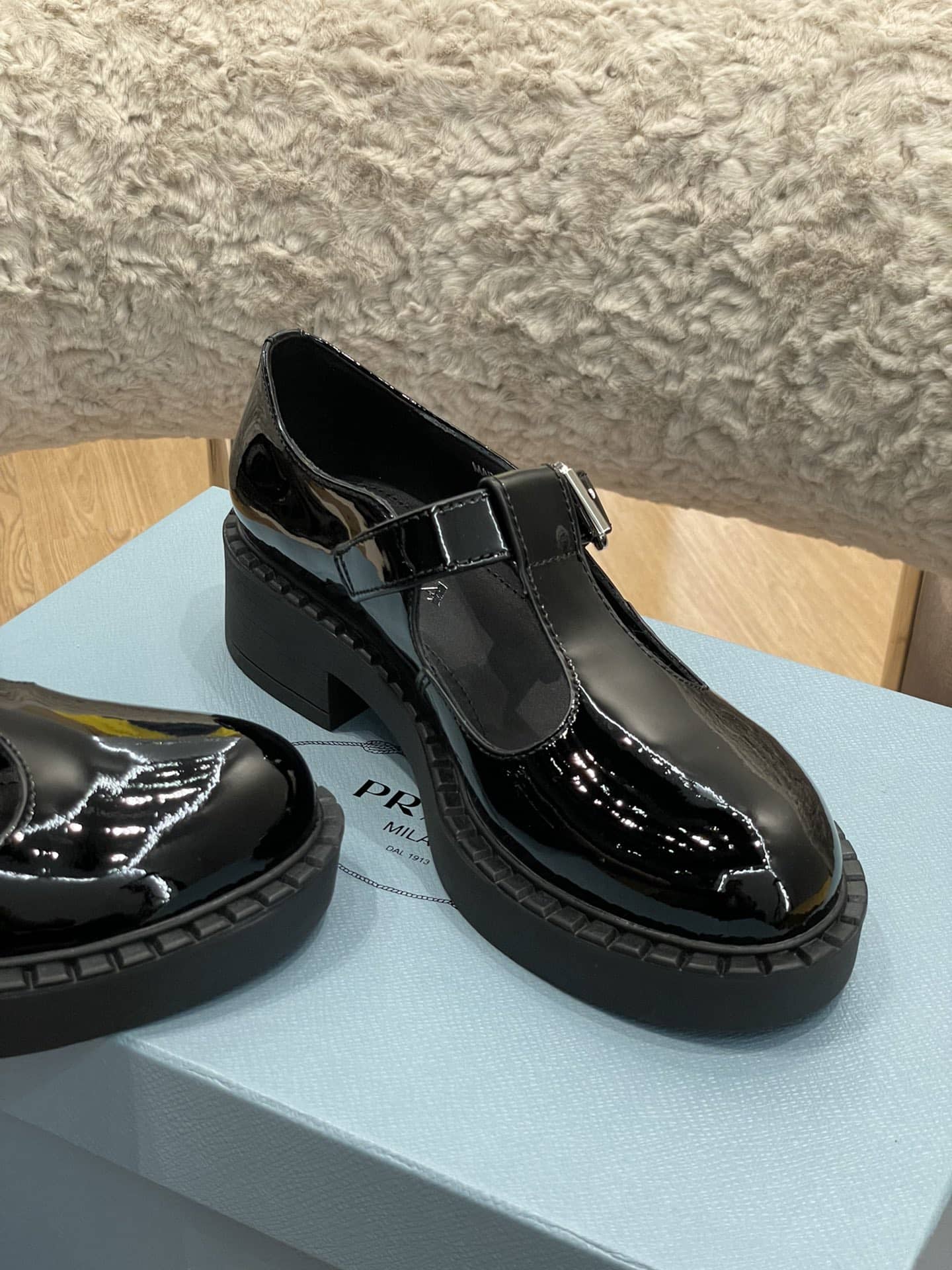 Prada Brushed Leather Mary Jane T Strap Shoes Black 2Ee372 055 F0002