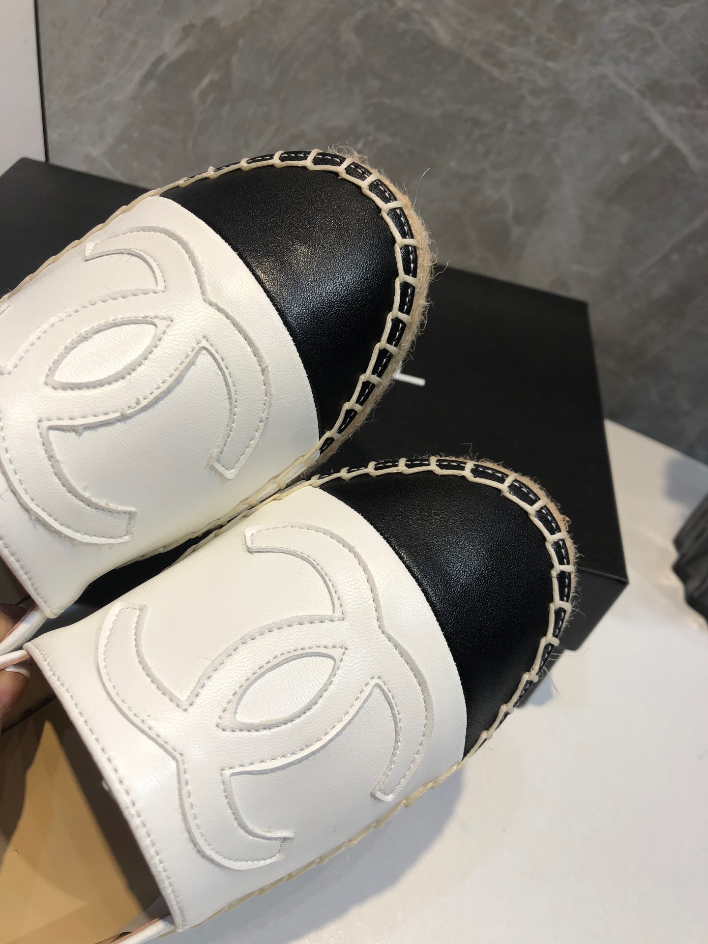 Chanel Embroidered Espadrille Leather Black Cap Toe Flats White CC