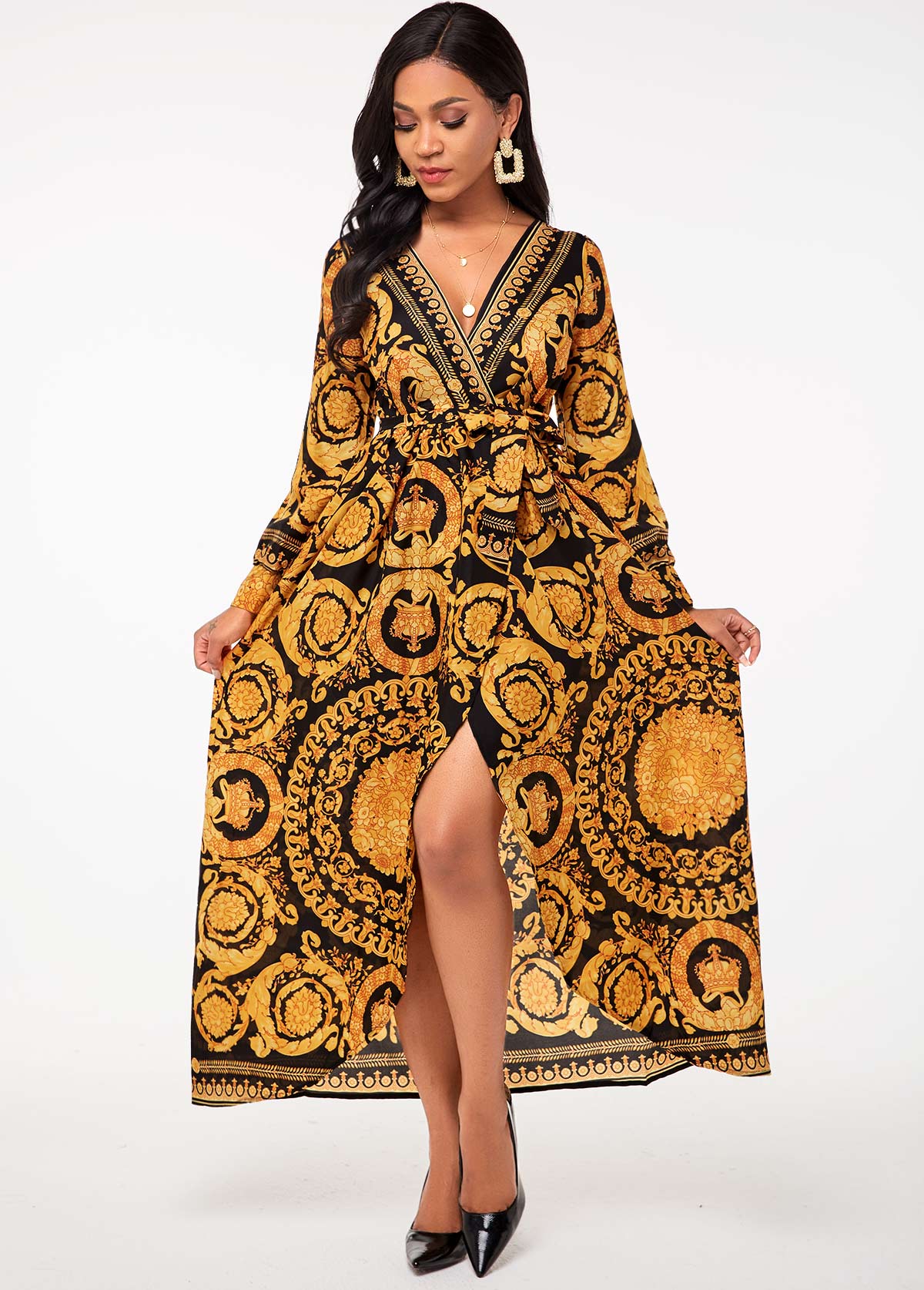 Belted Bohemian Print V Neck Dress
