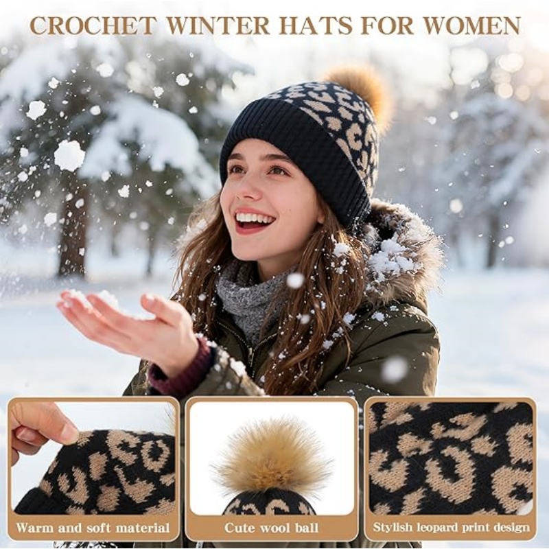 Women Winter Knitted Beanie Hat with Faux Fur Pom